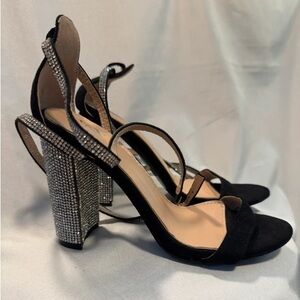 Windsor Black Suede Block Heel Sandals with Rhinestone Detail